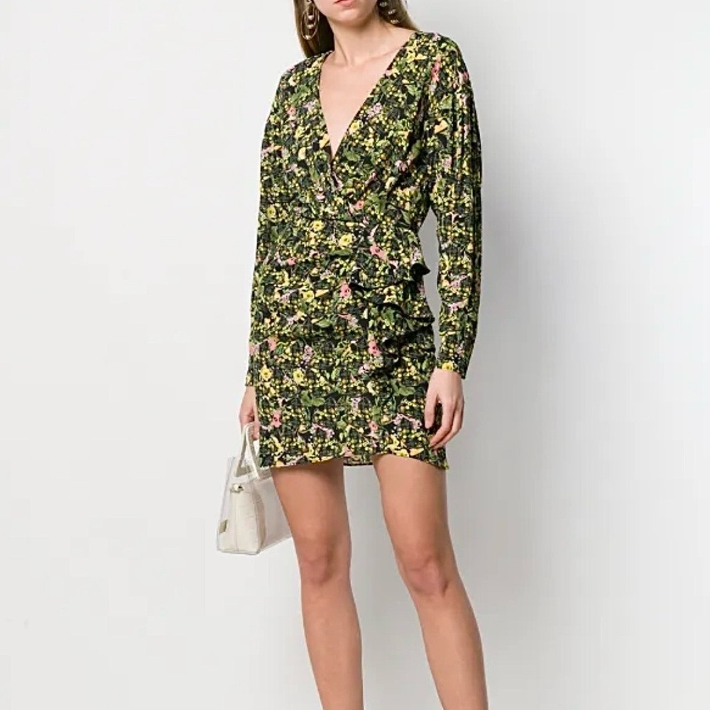Pinko Floral Mini Dress Size 2 Made in Italy Coquette Green Faux Wrap Occasion